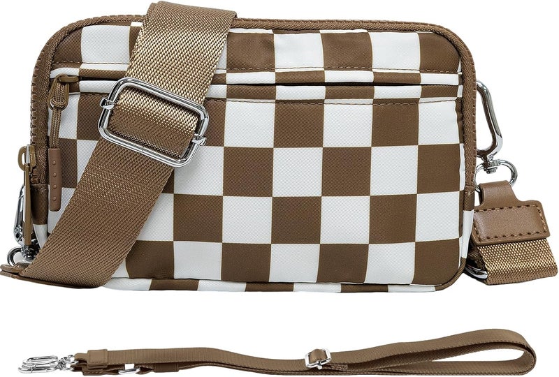 NBERMOTION Checkered Nylon Wristlet Wallets for Women RFID Blocking Purse With Credit Card Holder & Crossbody Strap - Image 1